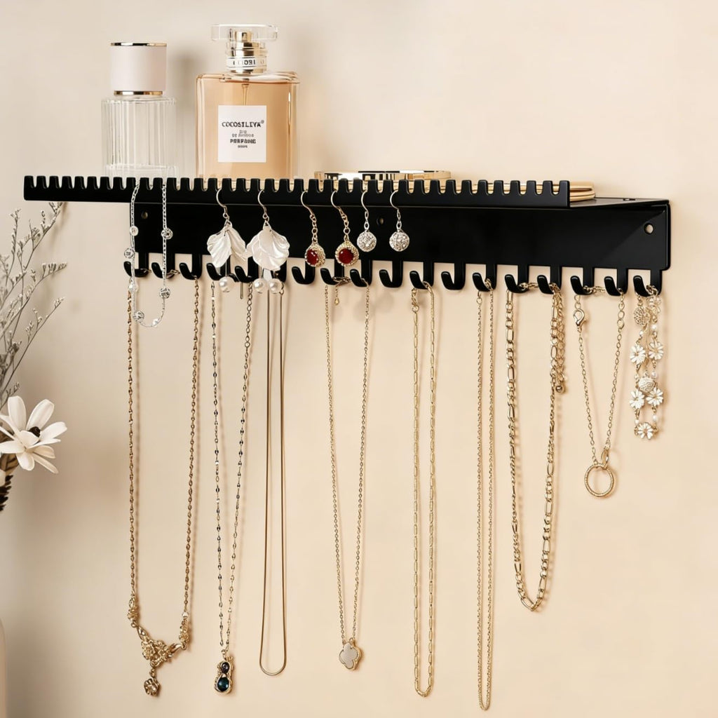 niffgaff Wall-Mounted Jewelry Organizer with Hooks and Shelf - Necklace Hanger Holder for Hanging Storage, Multi-Functional Wall Decor(for Rings, Earrings, Bracelets), Black