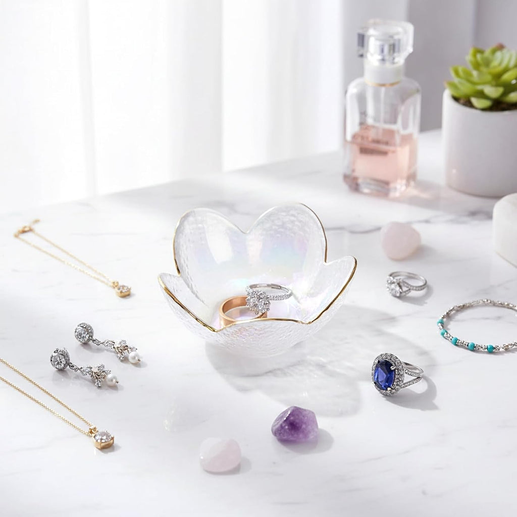Flower Shape Ring Dish Jewelry Tray Organizer, Glass Accent Tray for Vanity, Small Decorative Trinket Dish, Crystal Pearl White