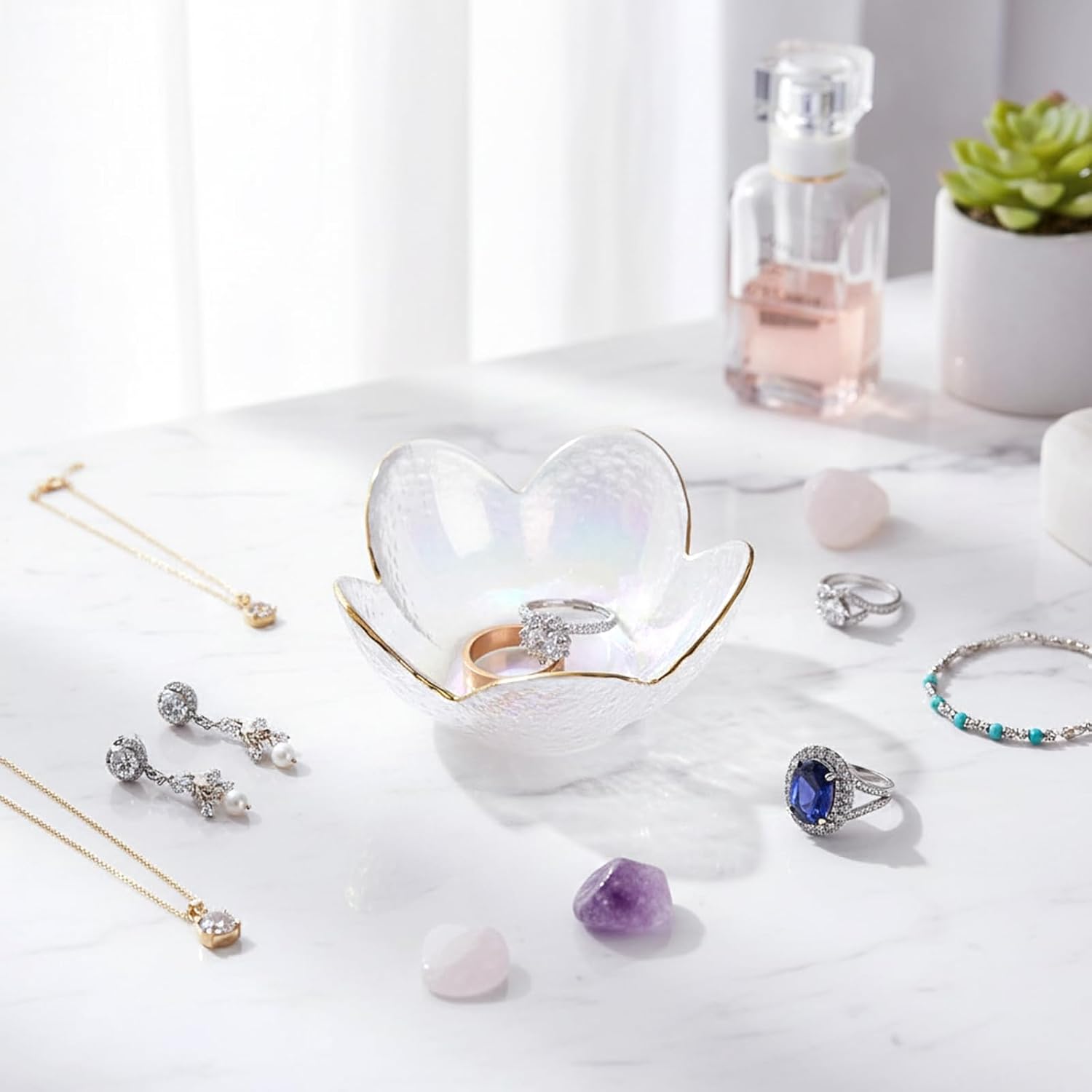 Flower Shape Ring Dish Jewelry Tray Organizer, Glass Accent Tray for Vanity, Small Decorative Trinket Dish, Crystal Pearl White