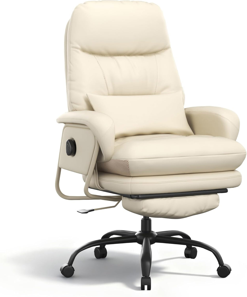 FLEXISPOT 2-in-1 Chaise Lounge Chair Indoor with Wheels Footrest 90-165° Reclining Lumbar Support, Home Office Chairs for Living Room Bedroom Study Working Relaxing, PU Leather, Beige White, HC4