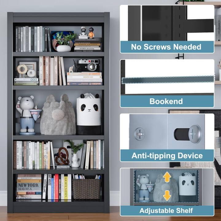 Book Shelf, 5-Tier Sturdy Bookcase, Adjustable Bookshelf, Large Capacity per ...