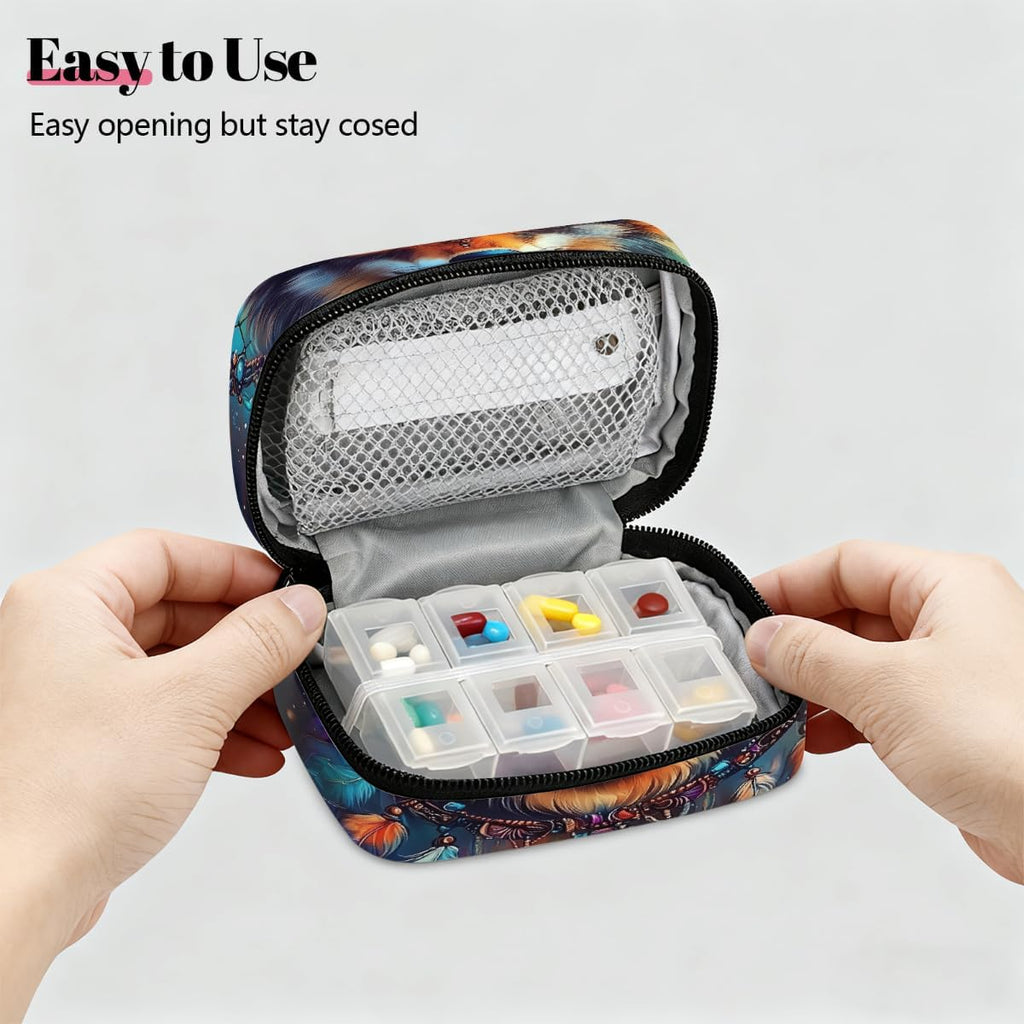 Majestic Wolf Dreamcatcher Pill Organizer Travel Medicine Case with Zipper Daily Vitamin Storage Bag Portable 8 Slot Weekly Pill Box Supplement Holder for Home Office Gym Travel