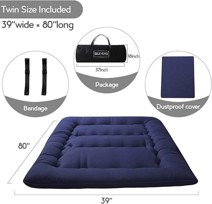 MAXYOYO Japanese Floor Mattress Futon Mattress, 4" Thicken Tatami Mat Sleeping Pad Foldable Roll Up Mat Boys Girls Dormitory Pad Kids Floor Lounger Pillow Bed, Charcoal Grey, Queen Size