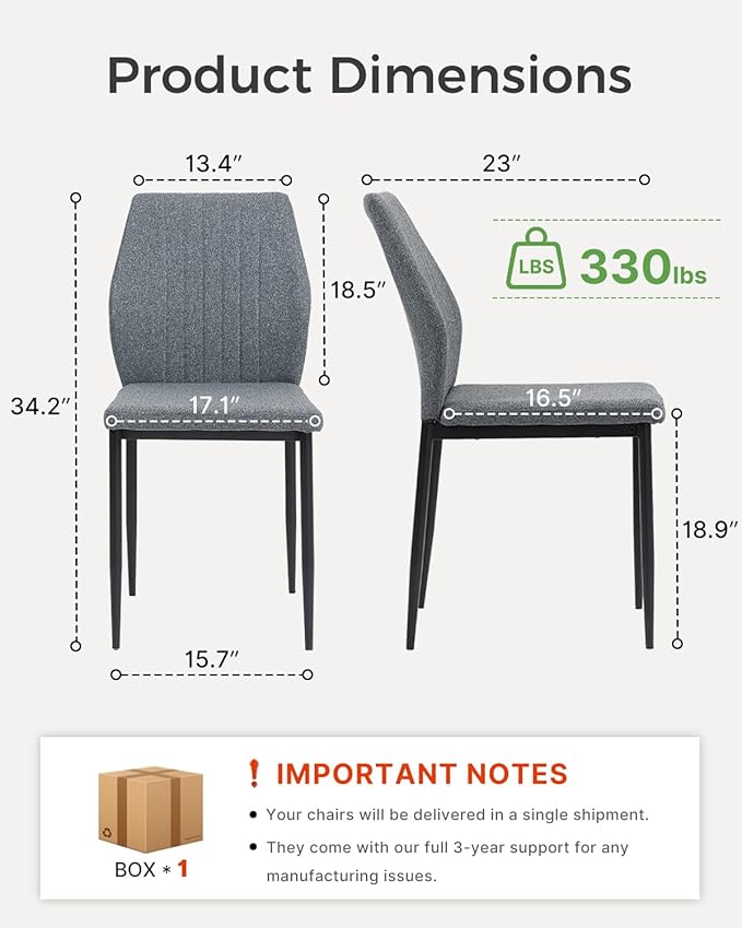 Dining Chairs Set of 4, Upholstered Wooden Dining Room Chairs, Mid Century Modern Fabric Kitchen Chair with Metal Legs Chenille Fabric for Kitchen/Restaurant/Hotel- Dark Gray (Only Chairs)