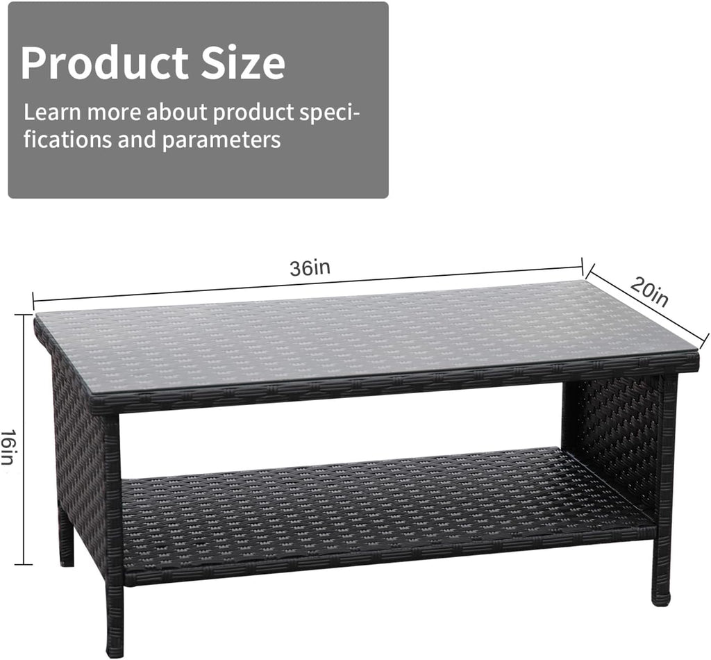 Outdoor Wicker Coffee Table Patio Furniture Garden Rattan 2-Layer Glass Table with Storage and Furniture Cover, Black