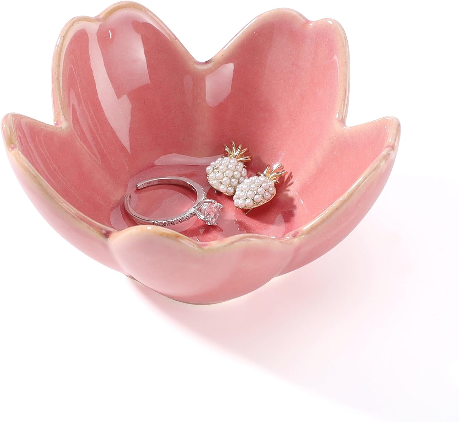 Pink Flower Ring Dish Holder,Jewelry Dish Tray,Small Trinket Tray,Jewelry Plate Bowl,Key Bowl,Decorative Plate,Mothers Day Birthday Gifts for Women Friends,Ceramic Kiln effect White