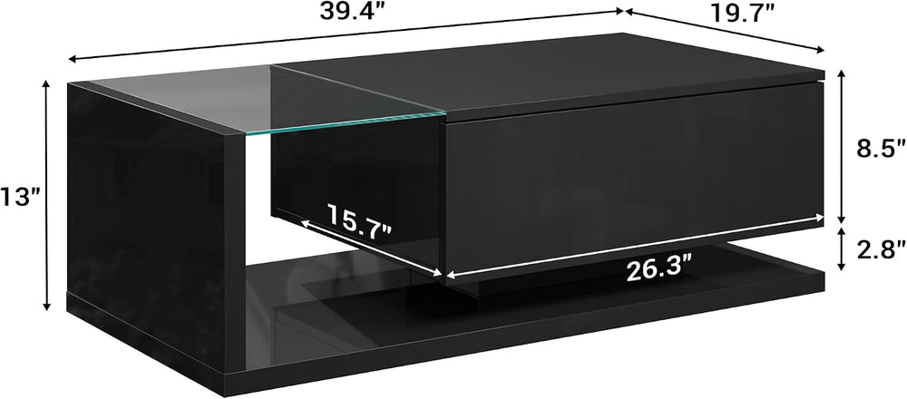 holzart Compact Low-Profile Coffee Table with LED Lights & Storage, 39.4&...