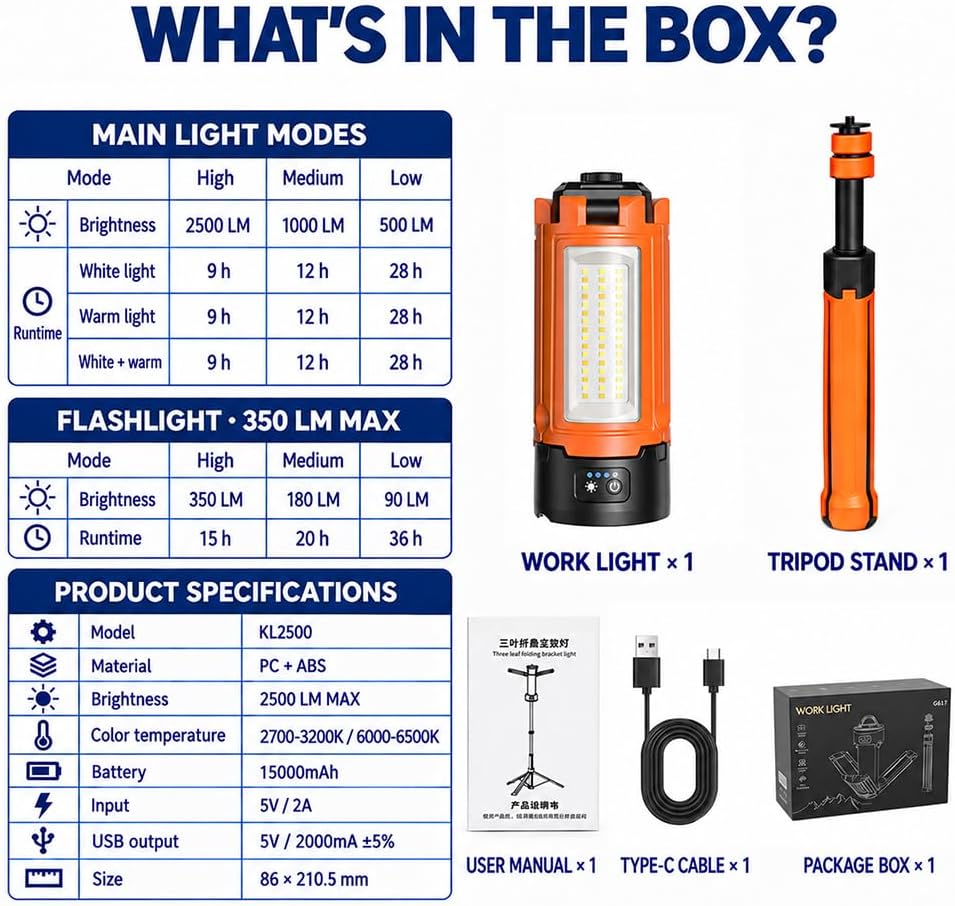 15000 mAh Camping Light with Stand Work Light Camp Lanterns