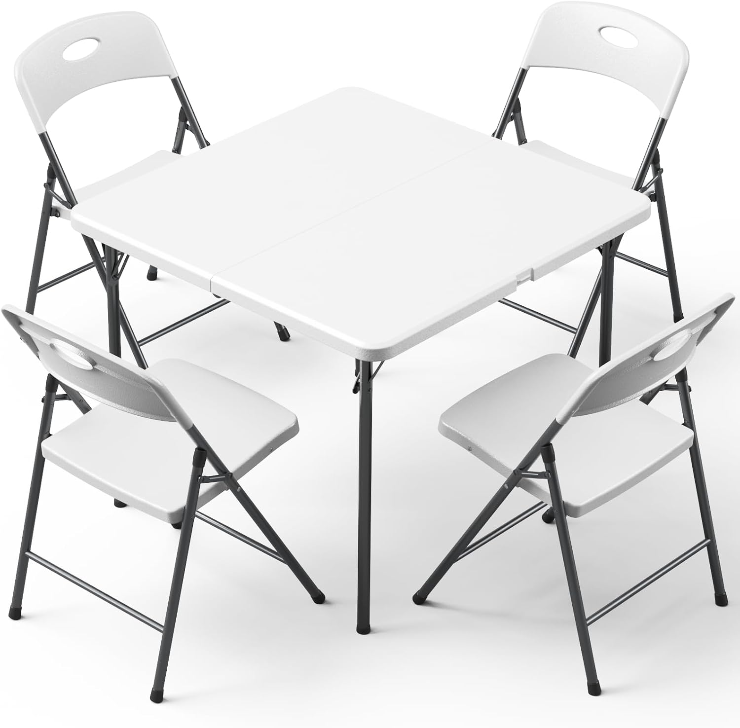 Folding Table and Chairs Set for 5, 36 Inch Foldable Plastic Table with Carry Handle & 4 White Folding Chairs, Portable Indoor Outdoor Dining Set for Party, Wedding, Picnic, Camping, Events