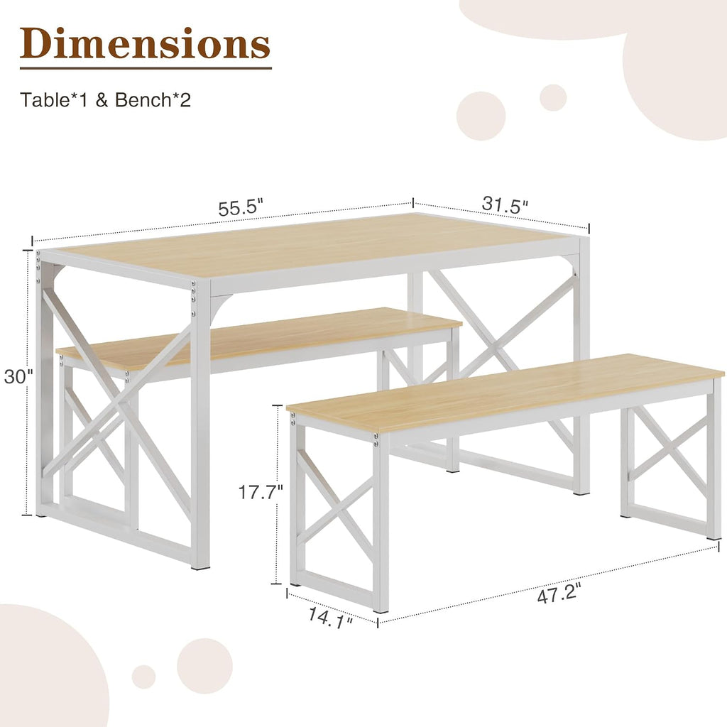 VECELO 55” Kitchen Dining Table Set for 4, Heavy-Duty Steel Frame & Wood-Grain Tabletop, Space-Saving Dinette Sets with 2 Benches for Breakfast Nook and Small Space, Natural