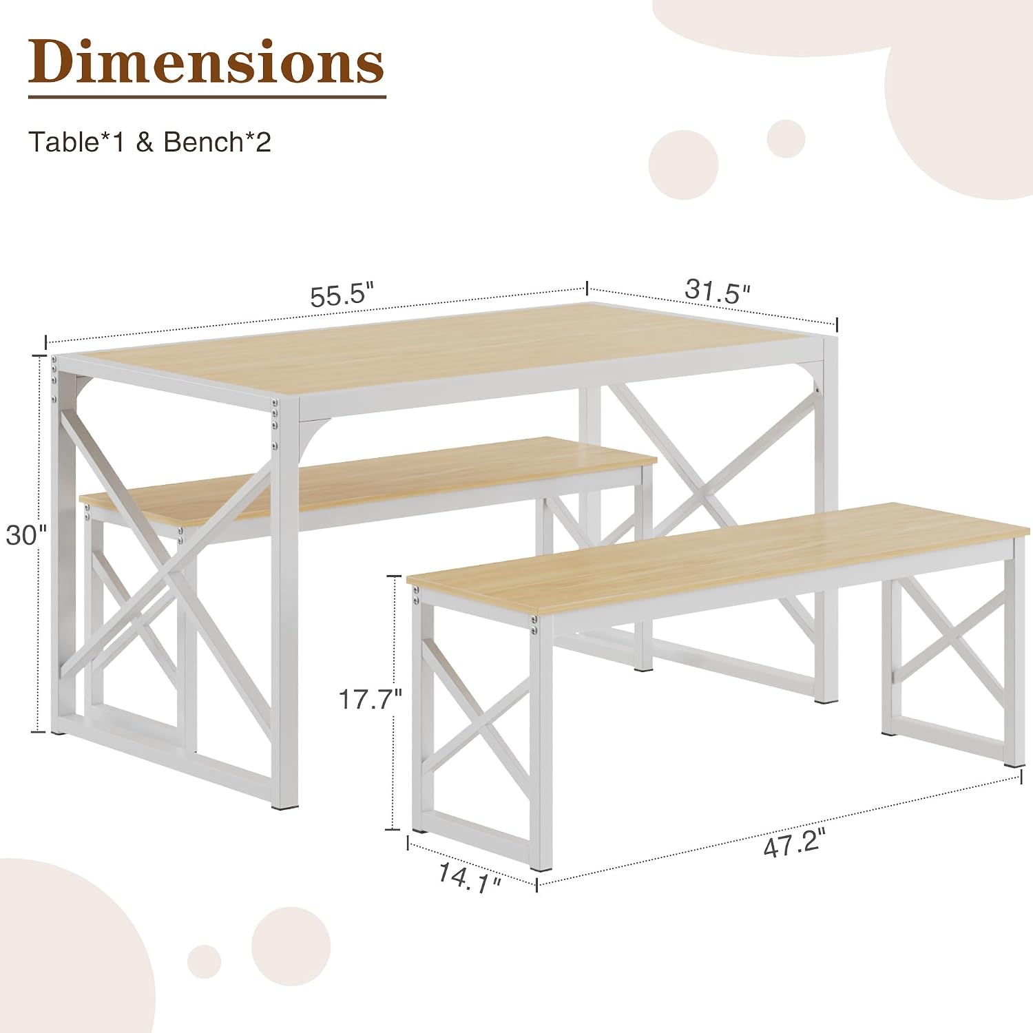 VECELO 55” Kitchen Dining Table Set for 4, Heavy-Duty Steel Frame & Wood-Grain Tabletop, Space-Saving Dinette Sets with 2 Benches for Breakfast Nook and Small Space, Natural