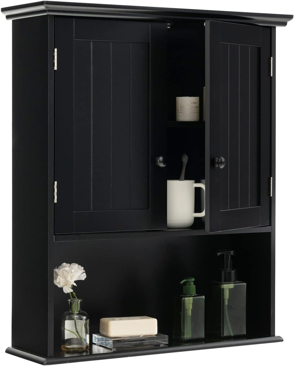 Tangkula Wall Mount Bathroom Cabinet Wooden Medicine Cabinet Storage Organizer with 2-Doors and 1-Shelf Cottage Collection Wall Cabinet (Black)