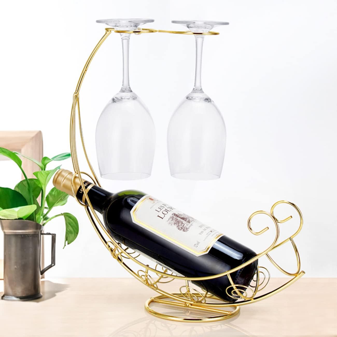 Metal Wine Rack, Tabletop Wine Glass Holder, 1 Bottle+2 Cups Glod | Wine holder countertop，wine bottle decorative,wine bottle and glass holder，wine bottle holder counter，wine drying racktop