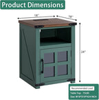 Farmhouse Nightstand with Charging Station, Rustic End Table with Tempered Glass Barn Door, Wood Sofa Side Bedside Table with Open Storage Shelf for Living Room, Bedroom, Green, 2 Pack