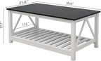Farmhouse Coffee Table for Living Room, 2-Tier Rectangular Wooden Centre Cocktail Table with Slats Shelf Storage and V-Shaped Frame, Oak Blak