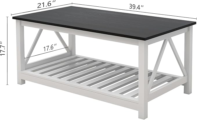 Farmhouse Coffee Table for Living Room, 2-Tier Rectangular Wooden Centre Cocktail Table with Slats Shelf Storage and V-Shaped Frame, Oak Blak