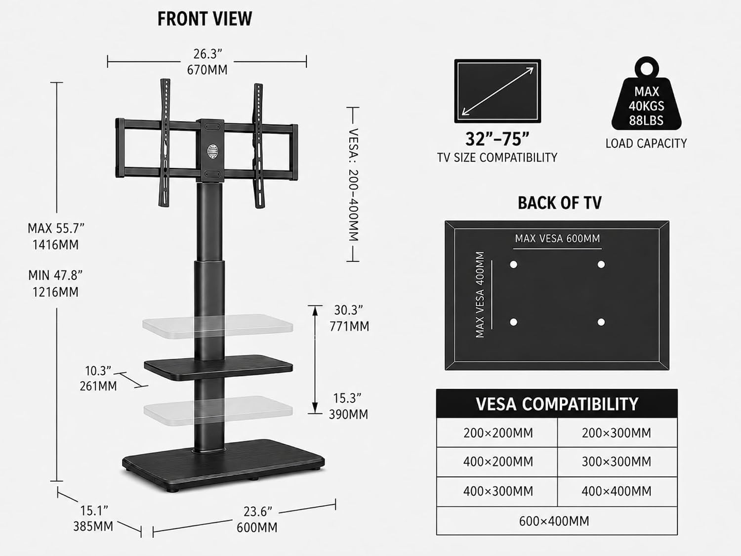 FITUEYES Floor TV Stand for Bedroom, Living Room, Tall Corner TV Stands for TVs 32 37 43 50 55 60 65 75 Inch Swivel TV Mount Stand with Height Adjustable Shelf Upgrade Sturdy Wood Base, Black