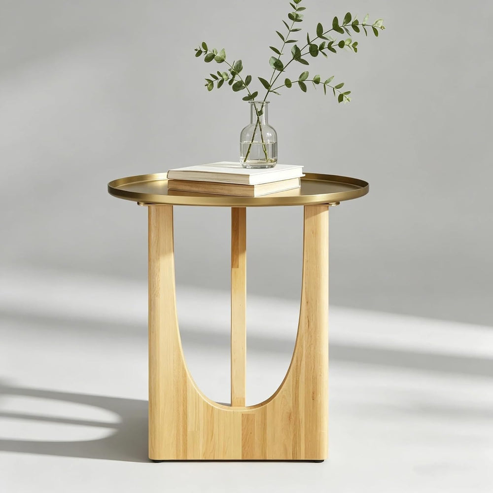 Gold End Tables Set of 3, Round Side Tables, Sofa Table with Wood Legs and Ra...