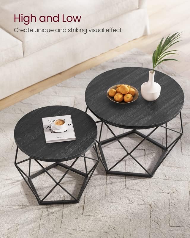VASAGLE Small Coffee Table Set of 2, Round Coffee Table with Steel Frame, Sid...