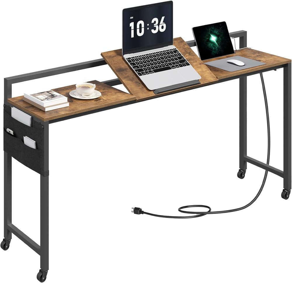 YATINEY Overbed Table with Wheels, Queen Size Mobile Bed Desk with Charging S...