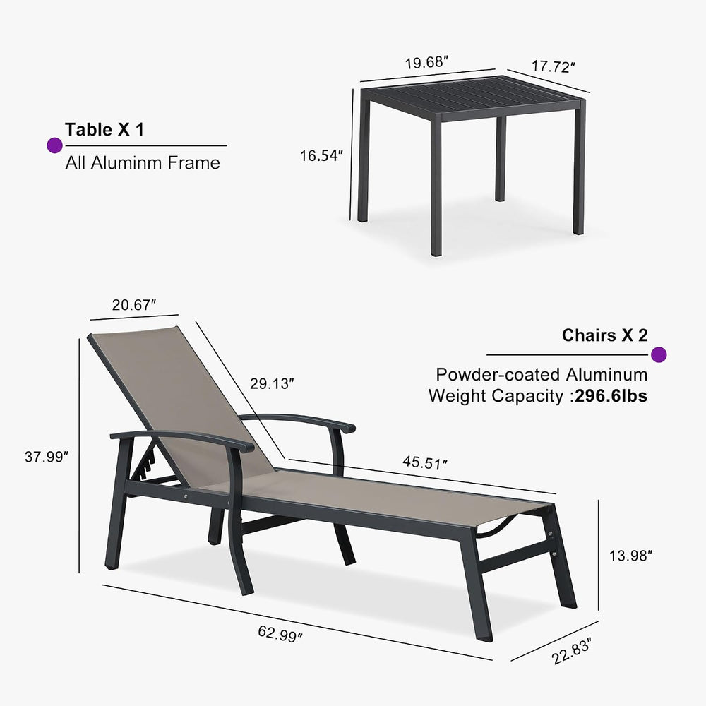 PURPLE LEAF Outdoor Chaise Lounge Chairs Set of 2 Aluminum Frame, Taupe | Tex...