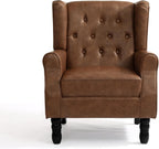 PU Leahter Wingback Accent Chairs Set of 2, High Back Armchair, Brown | Modern Tufted Upholstered Reading Seat with Wooden Legs & Removable Cushion | Comfy Single Sofa for Living Room, Bedroom
