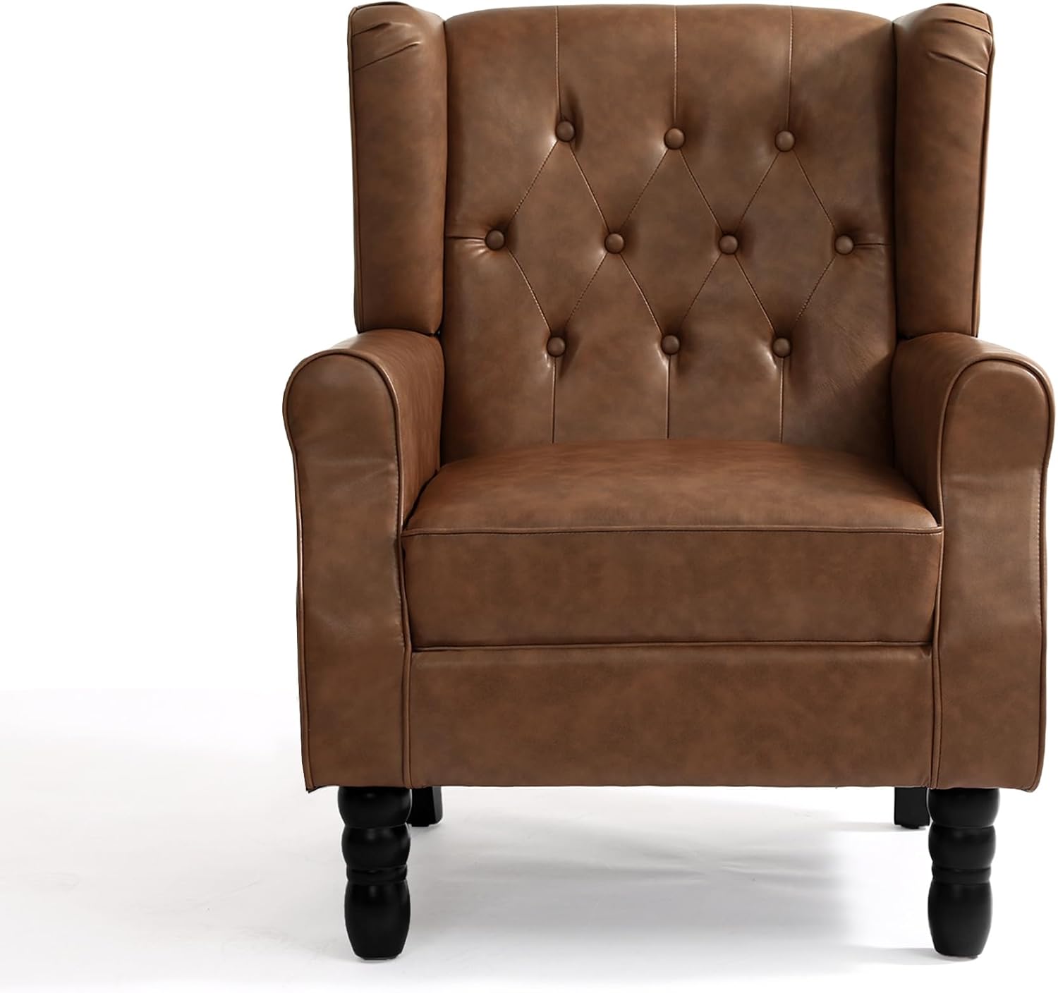PU Leahter Wingback Accent Chairs Set of 2, High Back Armchair, Brown | Modern Tufted Upholstered Reading Seat with Wooden Legs & Removable Cushion | Comfy Single Sofa for Living Room, Bedroom