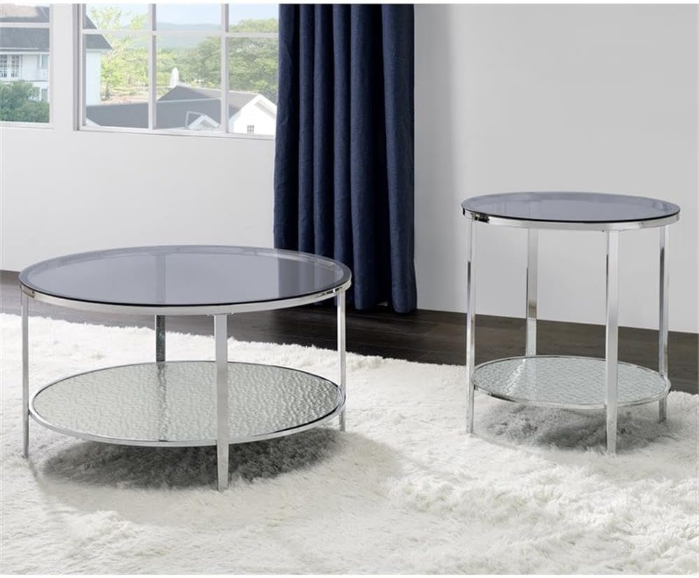 Pemberly Row Round Chrome and Tempered Glass End Table, Smoky Glass Top, Text...