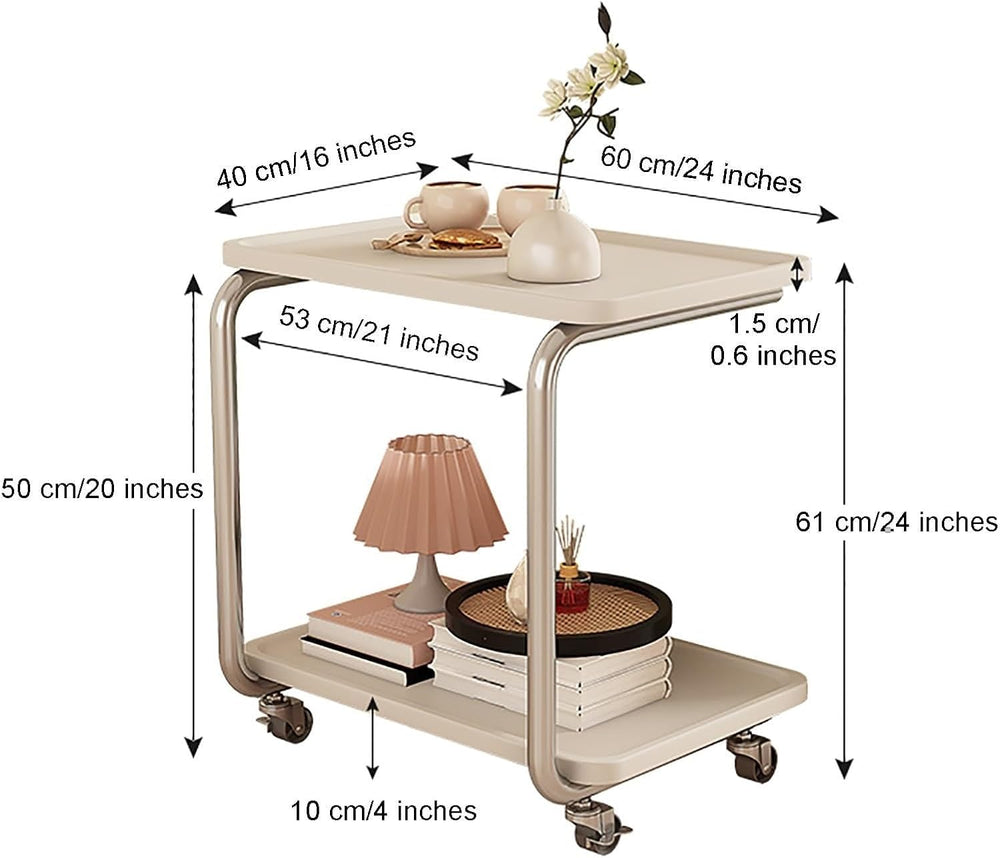 C Shaped End Table with Wheel TV Tray Sofa Table Metal Frame Waterproof Top M...