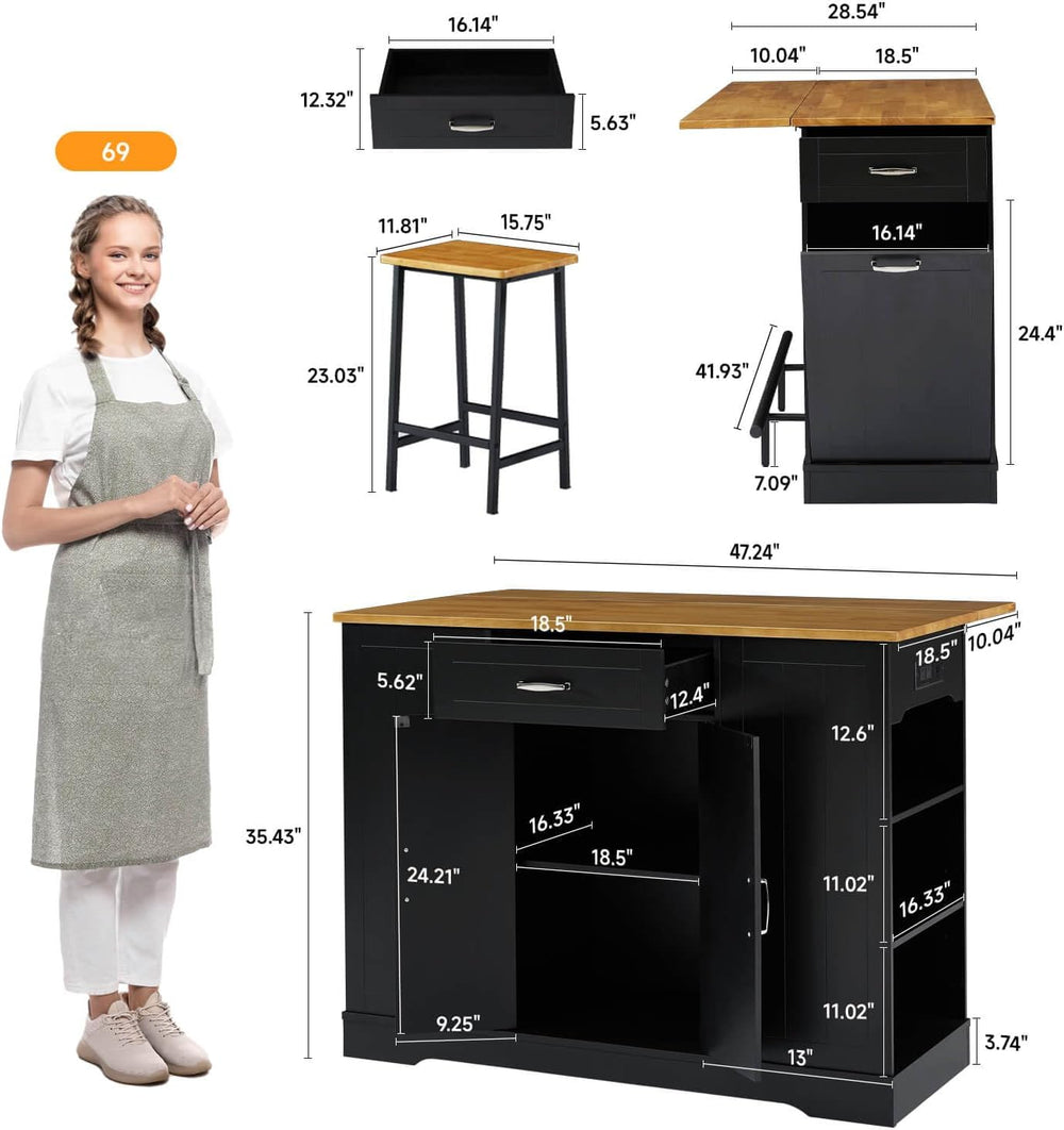 ONBRILL 47" Kitchen Island with Trash Can Storage, Include 2 Chairs, Bla...