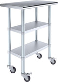 AmGood Stainless Steel Work Table with 2 Shelves and Casters | Metal Utility Table On Wheels (Stainless Steel Work Table with 2 Shelves + Casters, 30" Long x 18" Deep)