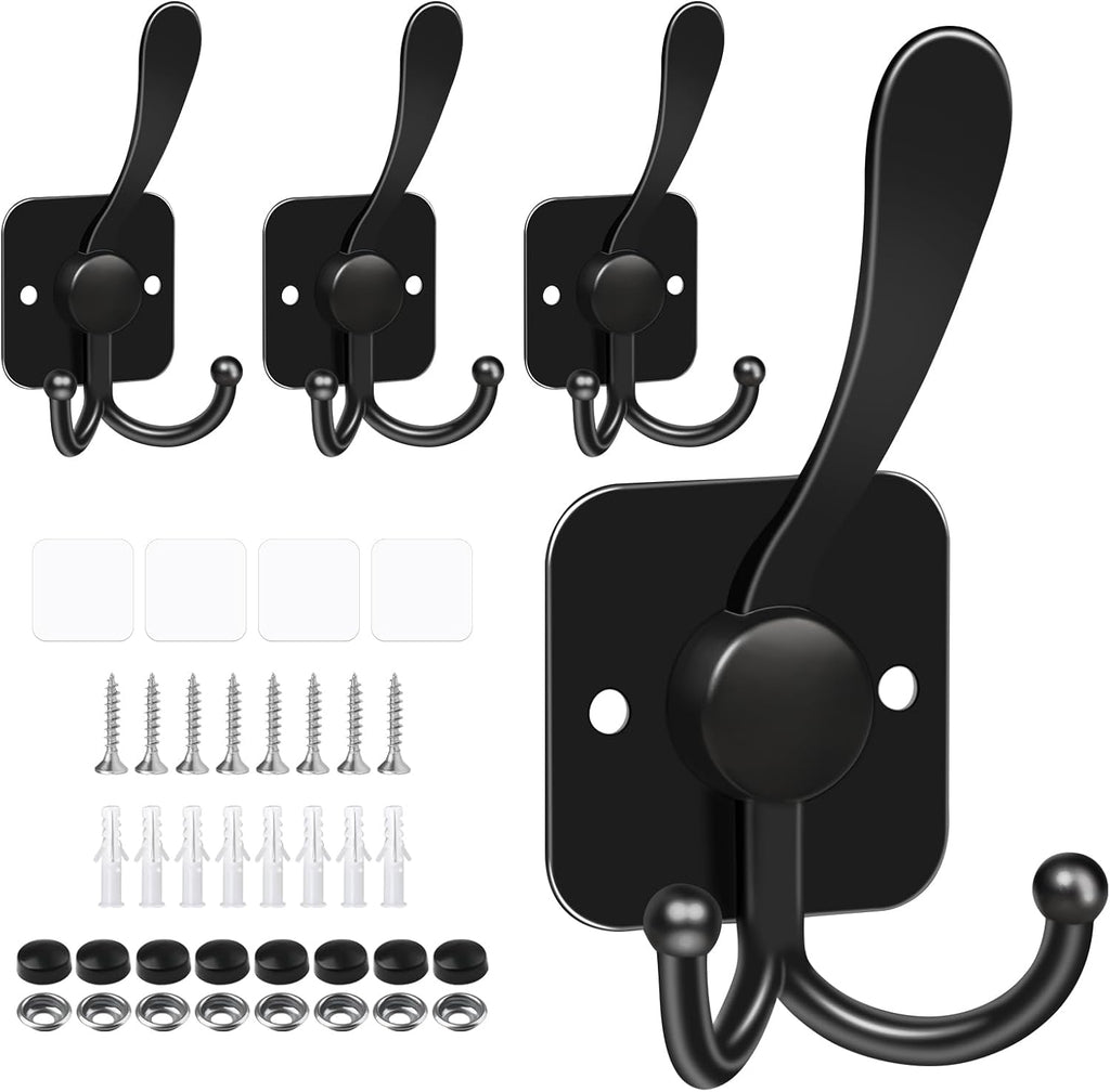 VIS'V 3 Prong Coat Hooks Wall Mount, Metal Self Adhesive Entryway Wall Hooks, 2 Mount Options, Black, 4 Pcs