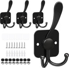 VIS'V 3 Prong Coat Hooks Wall Mount, Metal Self Adhesive Entryway Wall Hooks, 2 Mount Options, Black, 4 Pcs