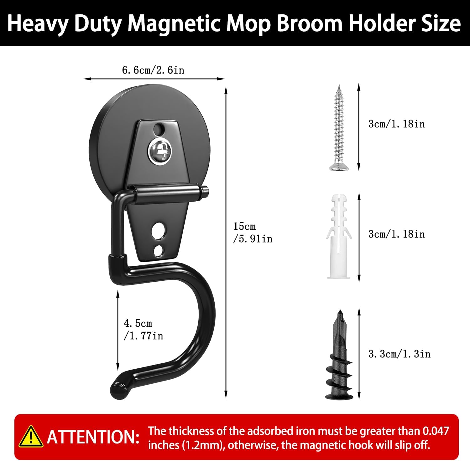 3-H Magnetic Mop Broom Holder and Mop Organizer 4 Pack, Heavy Duty Strong Utility Magnetic Tools Holde, Anti-Slip Strong Metal Garden Tool Rack for Garage, Laundry, Garden (Black)