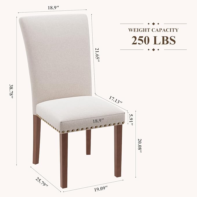 Stylish Dining Chairs Set of 6, Upholstered Parsons Dining Room Chair with Nailhead Trim, Kitchen Room Chair with Thick Cushions and Wood Legs, Nailhead Trim, Beige