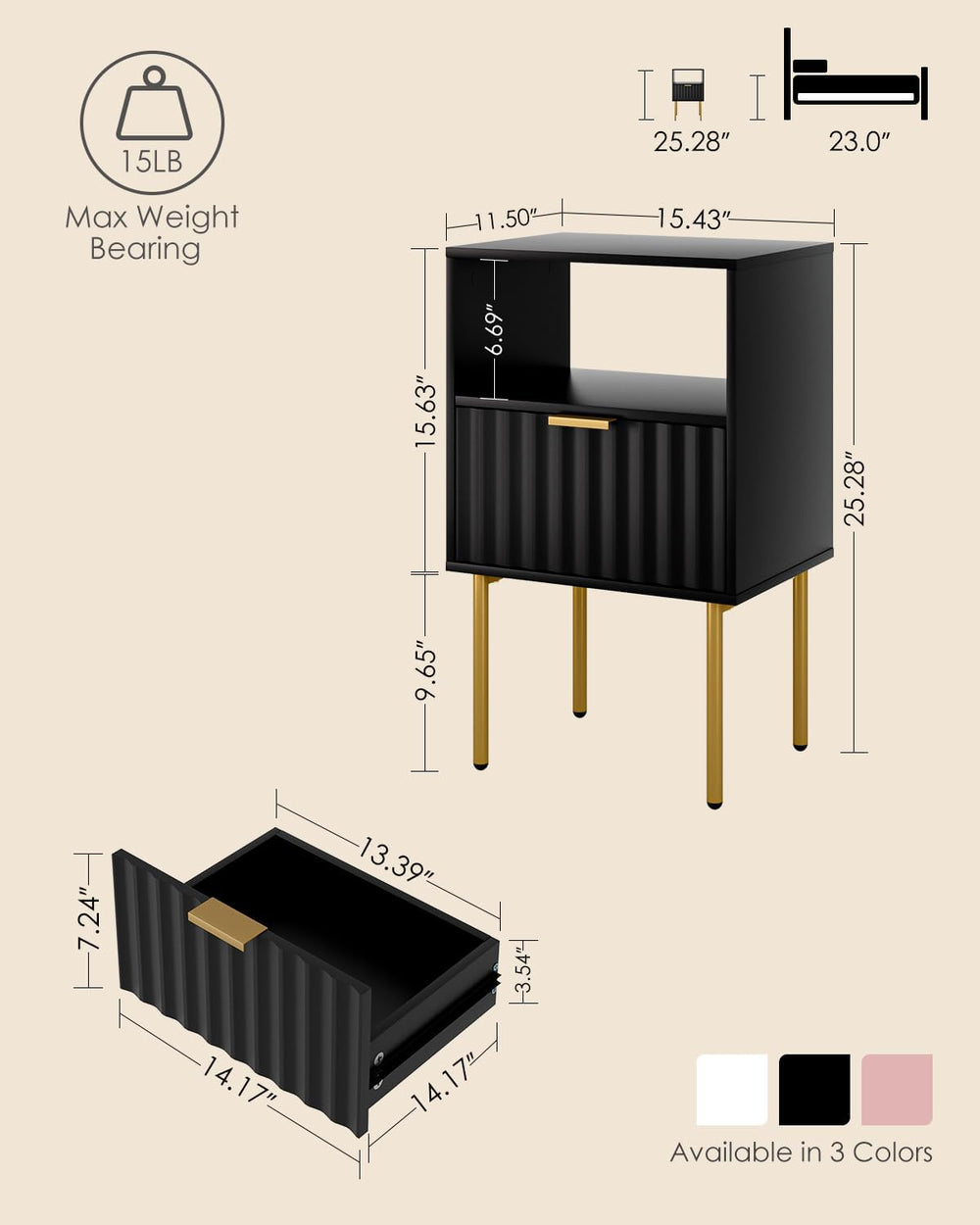Nightstand,Modern Bedside Table with Gold Frame,White Night Stand,Bedside Fur...