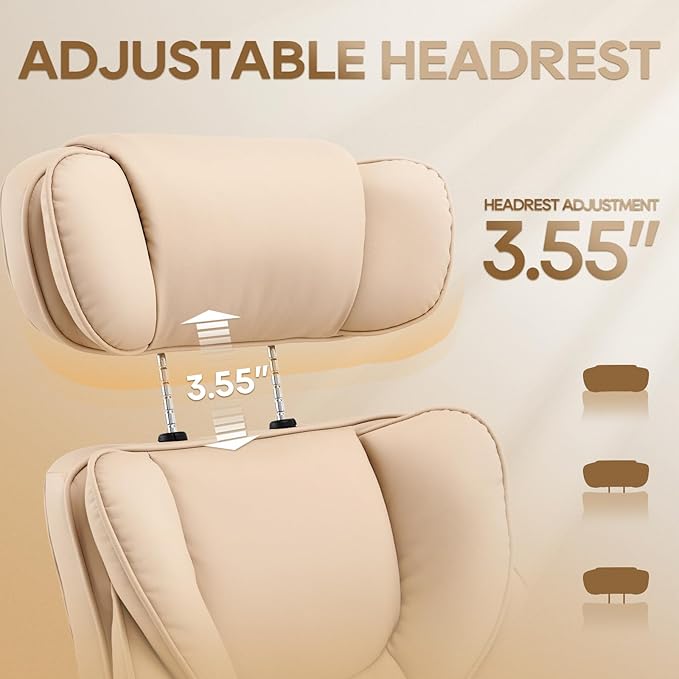 COLAMY Office Chair with Retractable Footrest, Ergonomic High Back Design Executive Computer Desk Chair with Removable Lumbar Pillow, 90-135°Reclining, Thick Bonded Leather for Home Office Work, Khaki