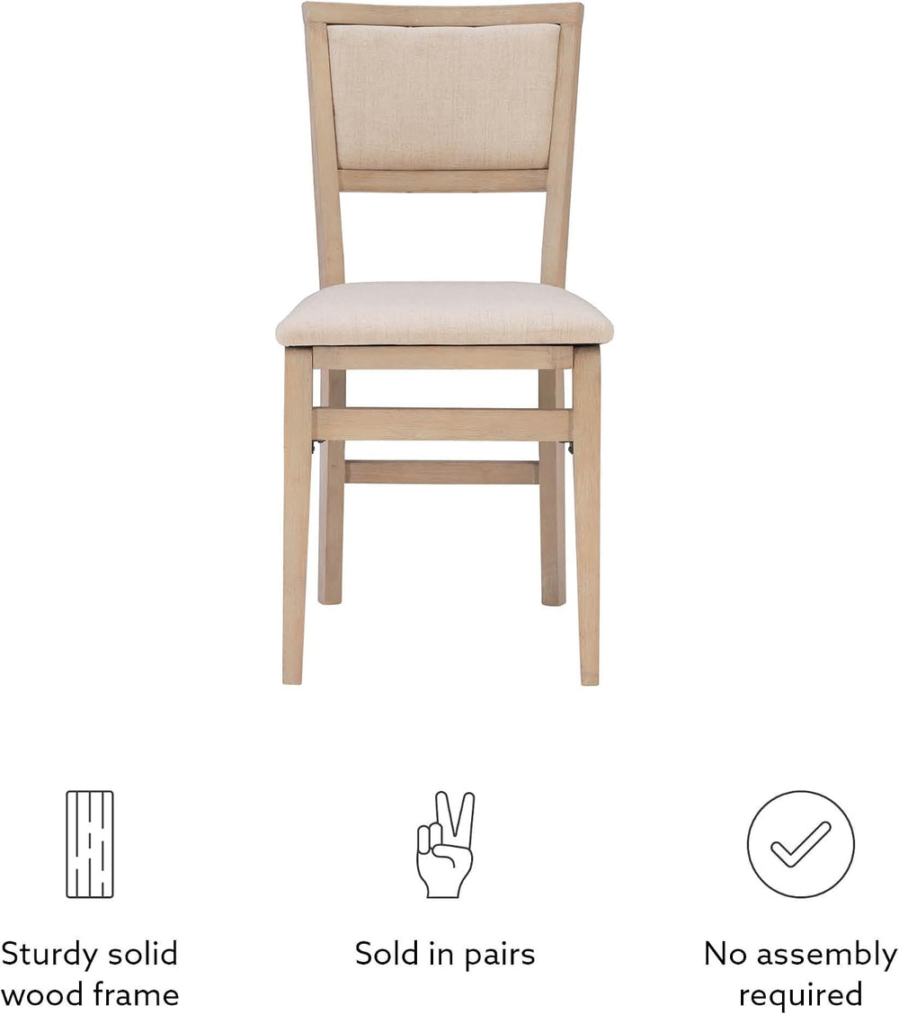 Linon Keira Natural Rustic Wooden Folding Chair with Beige Upholstered Seat a...