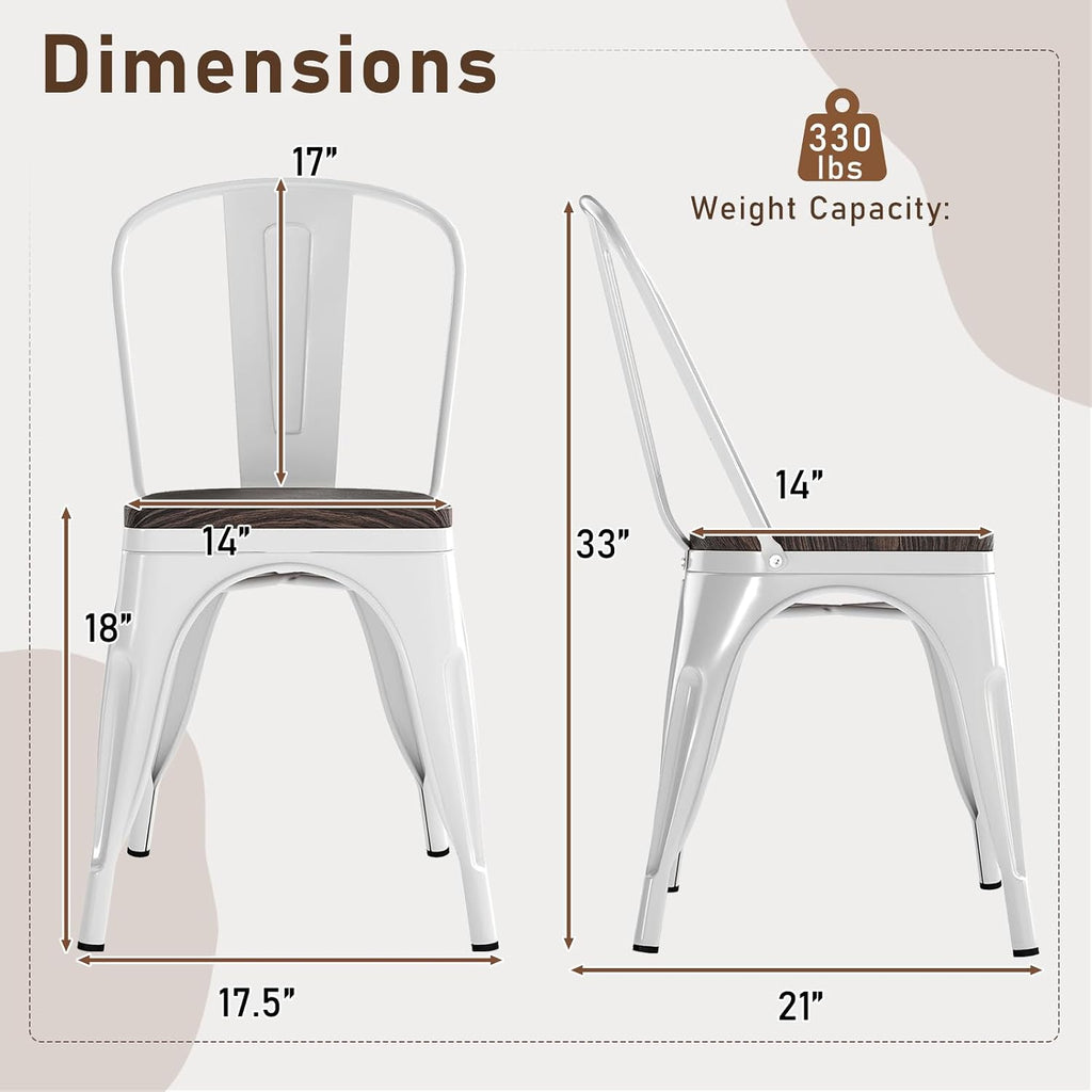 COSTWAY Stackable Metal Dining Chairs Set of 4 with Wood Seat and High Back | White, Industrial Vintage Style, Elm Wood Seat Board, 18 Inch, for Dining Room, Kitchen, Bar, Cafe, Bistro, Restaurant