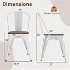 COSTWAY Stackable Metal Dining Chairs Set of 4 with Wood Seat and High Back | White, Industrial Vintage Style, Elm Wood Seat Board, 18 Inch, for Dining Room, Kitchen, Bar, Cafe, Bistro, Restaurant