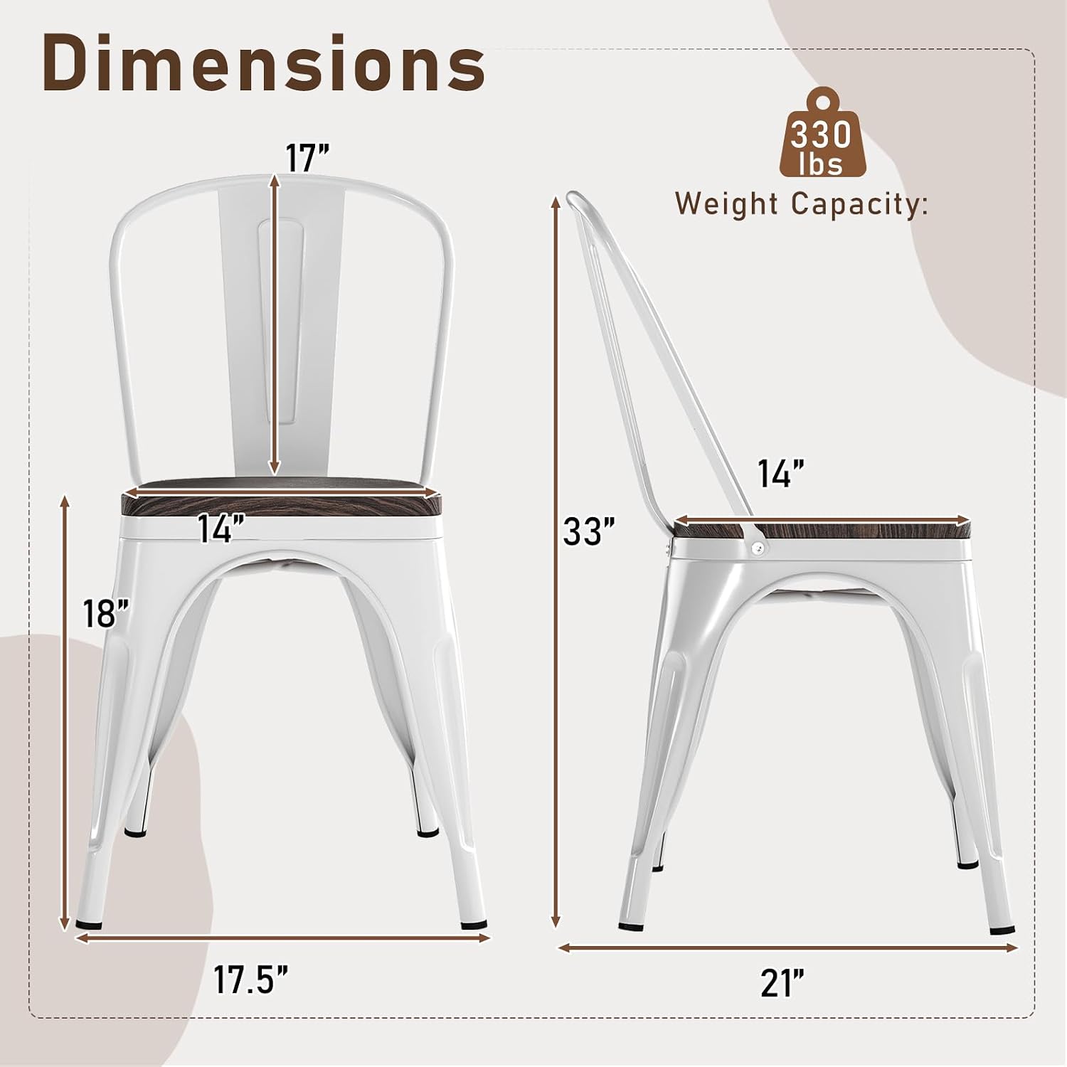 COSTWAY Stackable Metal Dining Chairs Set of 4 with Wood Seat and High Back | White, Industrial Vintage Style, Elm Wood Seat Board, 18 Inch, for Dining Room, Kitchen, Bar, Cafe, Bistro, Restaurant