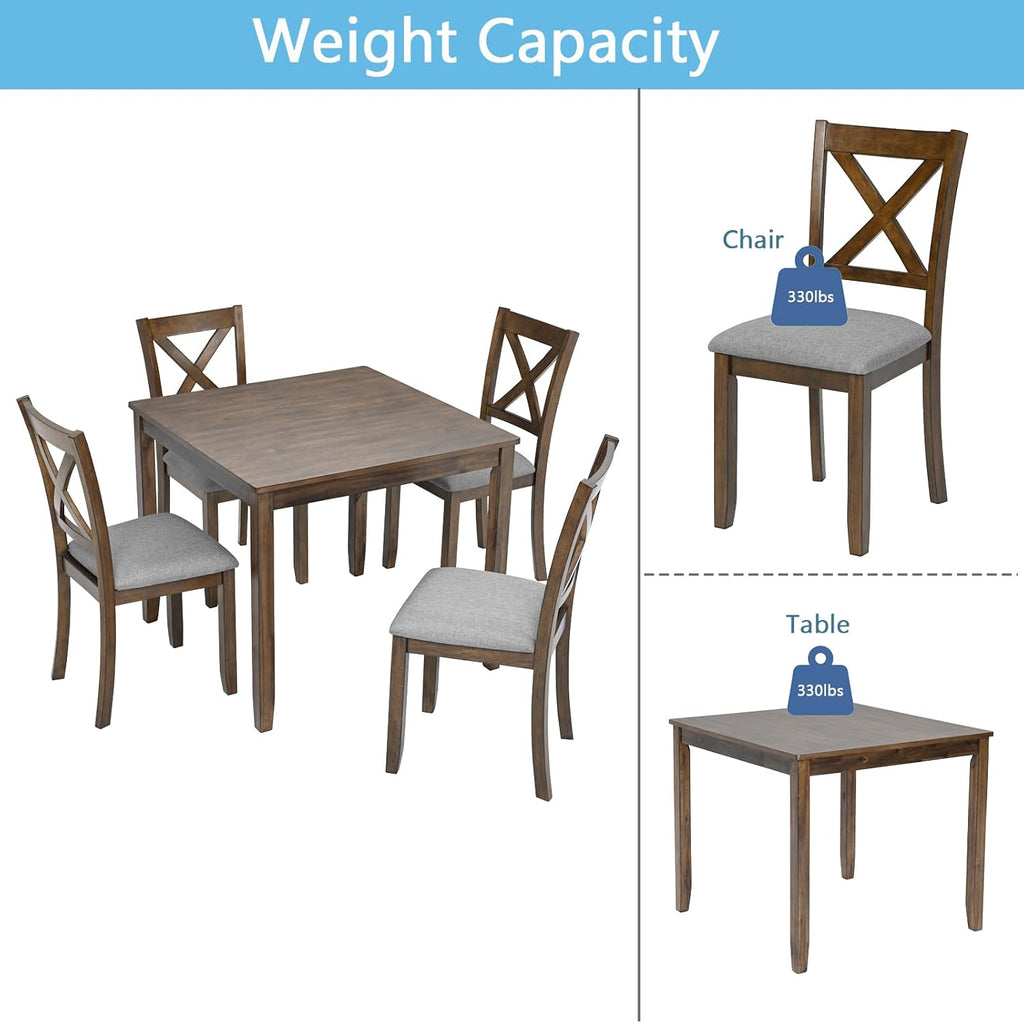 LUMISOL Dining Table Set for 4, Farmhouse Kitchen Table Set with 4 Upholstered Chairs, Wood Table and Chairs Set for Living Room, Kitchen, Dining Room, Walnut