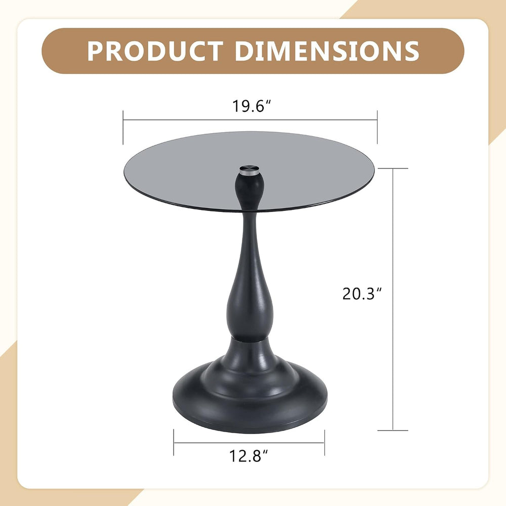 Modern Round Side Table, Gray Glass Top End Table with Black Metal Pedestal B...