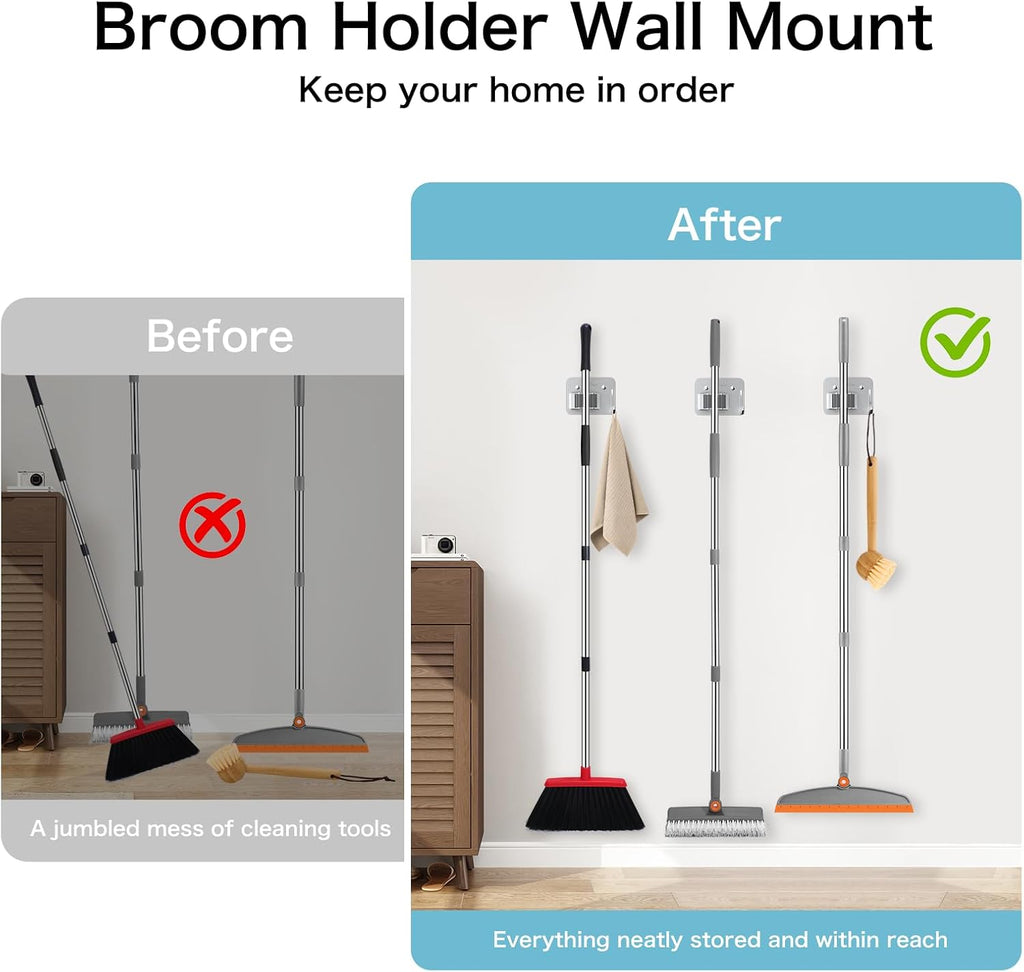 nacena Broom Holder Wall Mount, 4 Packs Silver Stainless Steel Mop and Broom Hanger with Hooks Heavy Duty Broom and Mop Organizer Wall Hanging for Bathroom, Kitchen