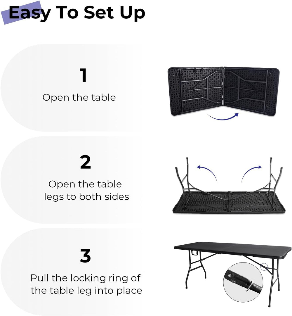 Folding Table 6ft, Heavy Duty Portable Utility Table with Handle, Black | Fol...