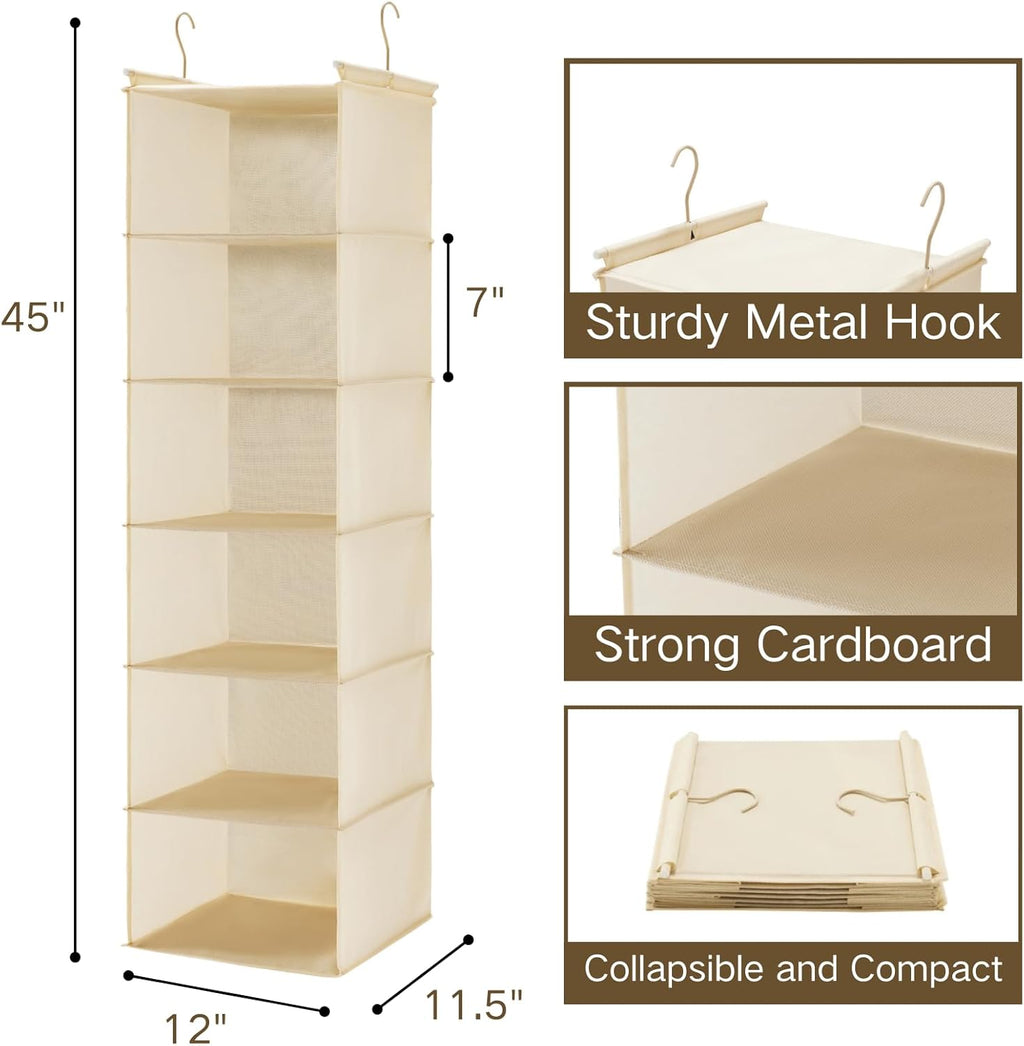 MAX Houser 6 Tier Shelf Hanging Closet Organizer, Closet Hanging Shelf with 2 Sturdy Hooks for Storage,2 Pack, Foldable (Yellow)