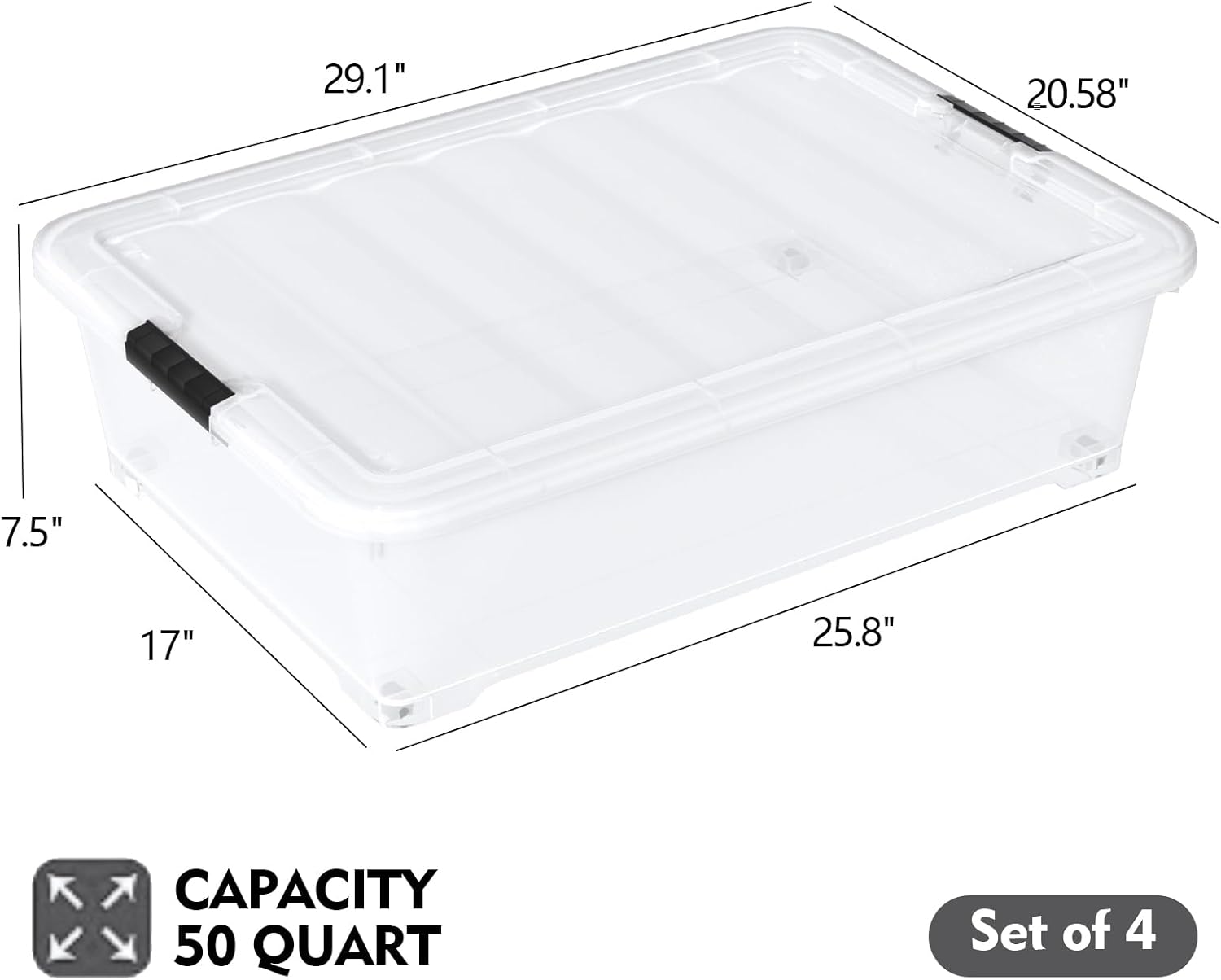 50 Quart Rolling Under Bed Storage Containers, 4-Pack 7.5 Inches Tall Low Profile Underbed Clothes Storage Organizer Bin with Sturdy Wheels, Clear