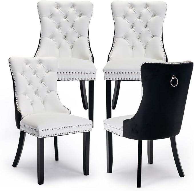 Leather Upholstered Dining Chairs Set of 4, Modern Style Kitchen Side Chairs with Nailhead Trim and Wood Leg, Metal Pulling Ring for Dining Room Living Room(Black&White,Set of)