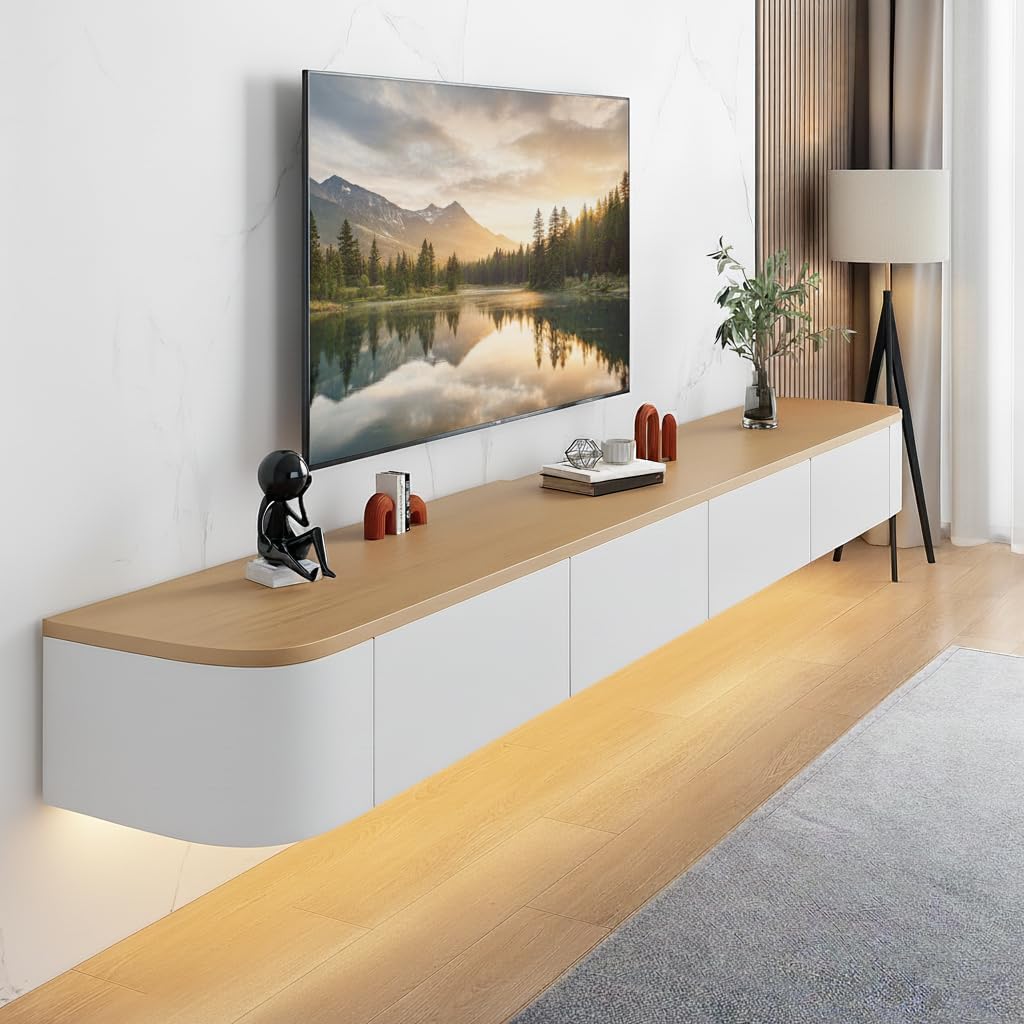 Floating TV Stand,47-118" Wall Mounted TV Shelf, Floating TV Consolewith Flip-Down Doors & Drawers, Modern TV Media Console Center Large Storage TV Stand (Wood/White-Led, 102.3")