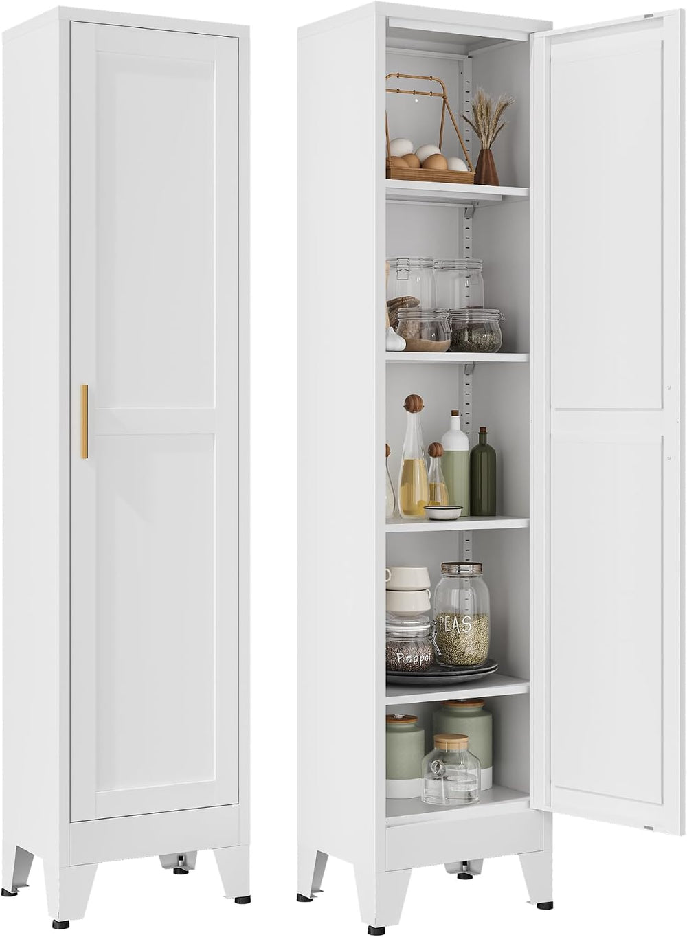 YAUWOH White Narrow Metal Storage Cabinet, Tall Freestanding Cabinet with 4 A...